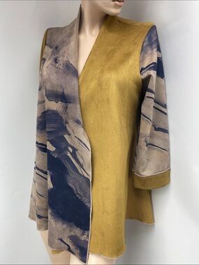 Radzoli Mustard and Navy Marble-Print Draped Jacket, Size S